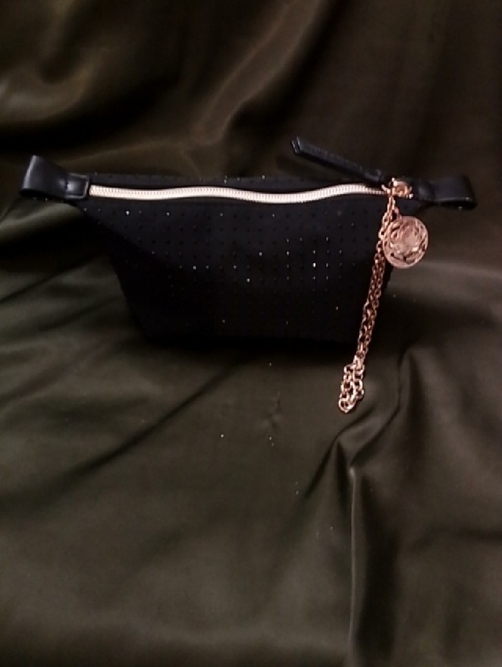 Hand Crafted Black Wristlet Make Up Bag with Gold Charm